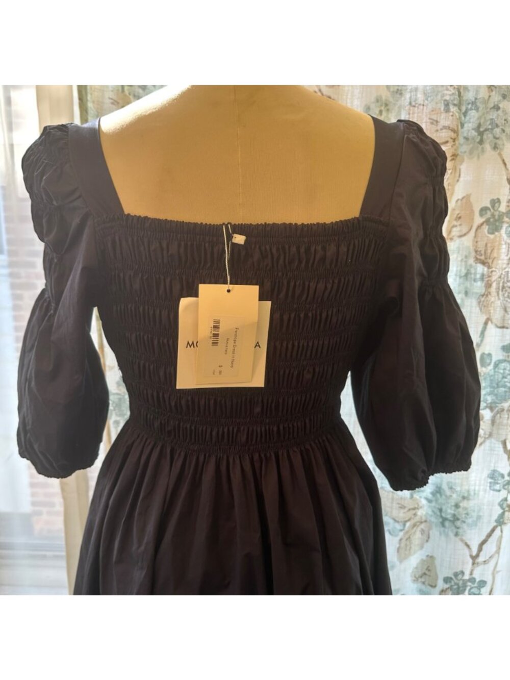 Monica Nera Navy Penelope Dress With Smocked Square Neckline & Puff Sleeves Sign - Picture 9 of 10